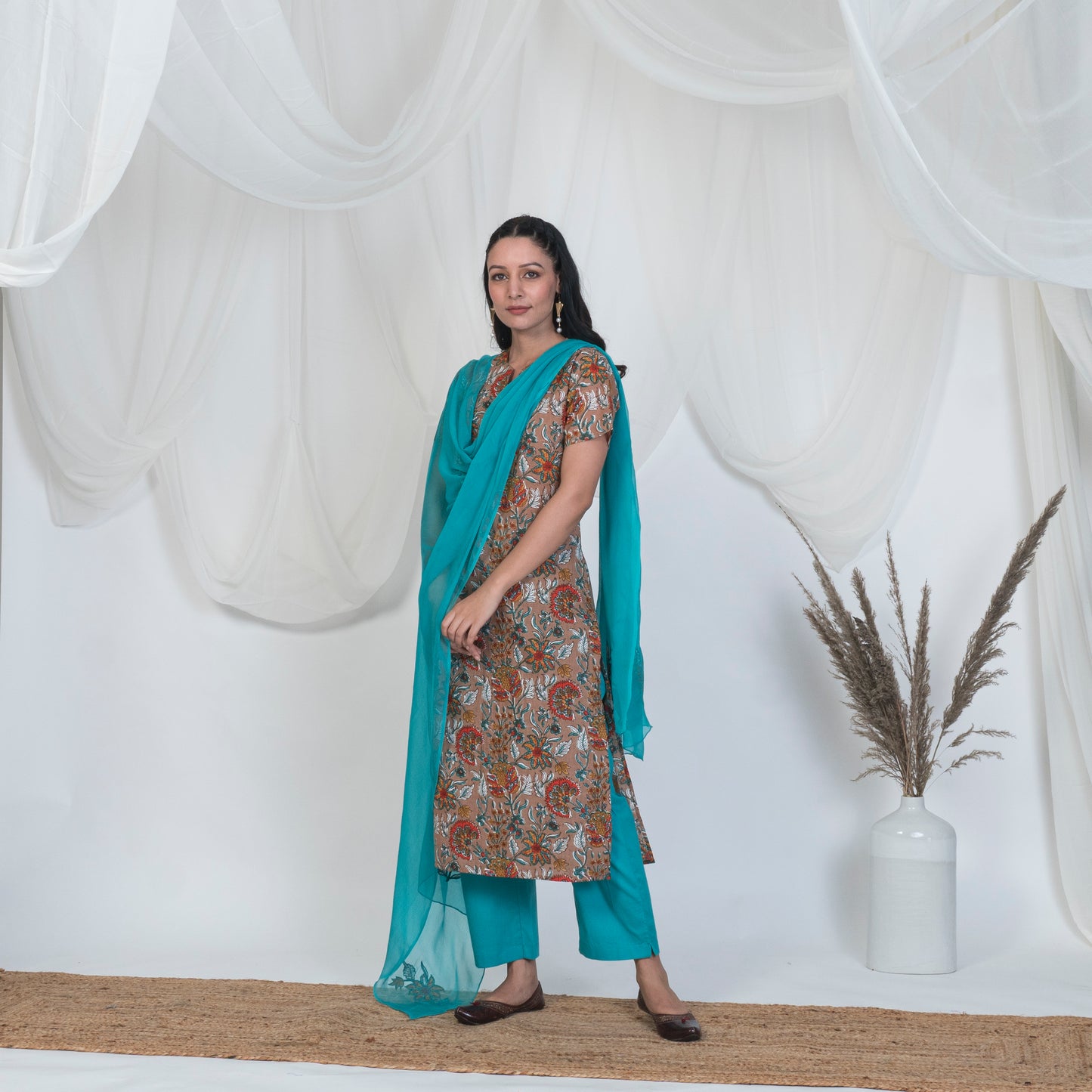 Blue Dupatta with Mughal Butta Embroidery