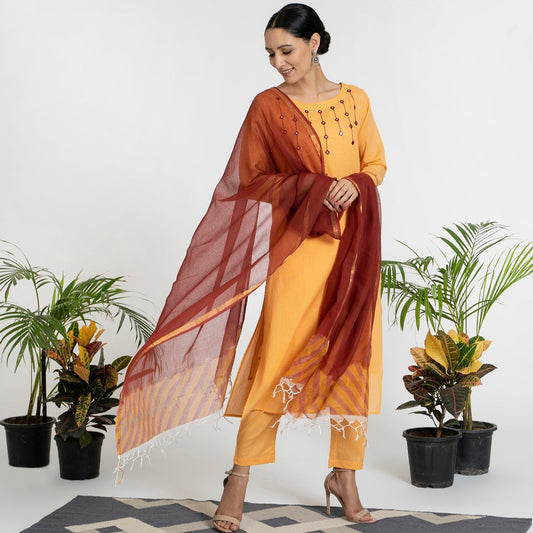 Mirror Work on Orange Suit with handblock Dupatta