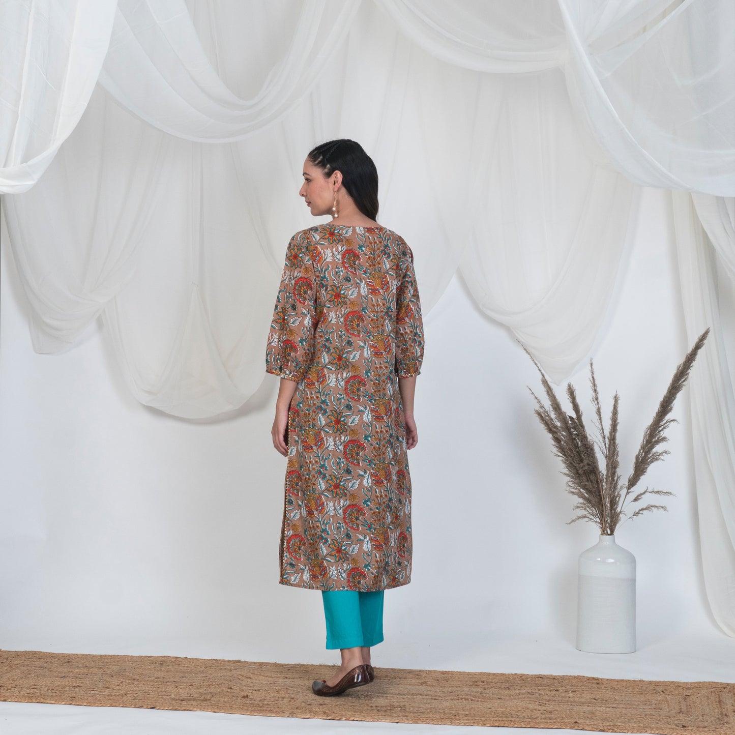 Hazel Brown Puff Sleeve Spring Kurta Set with Solid Pants