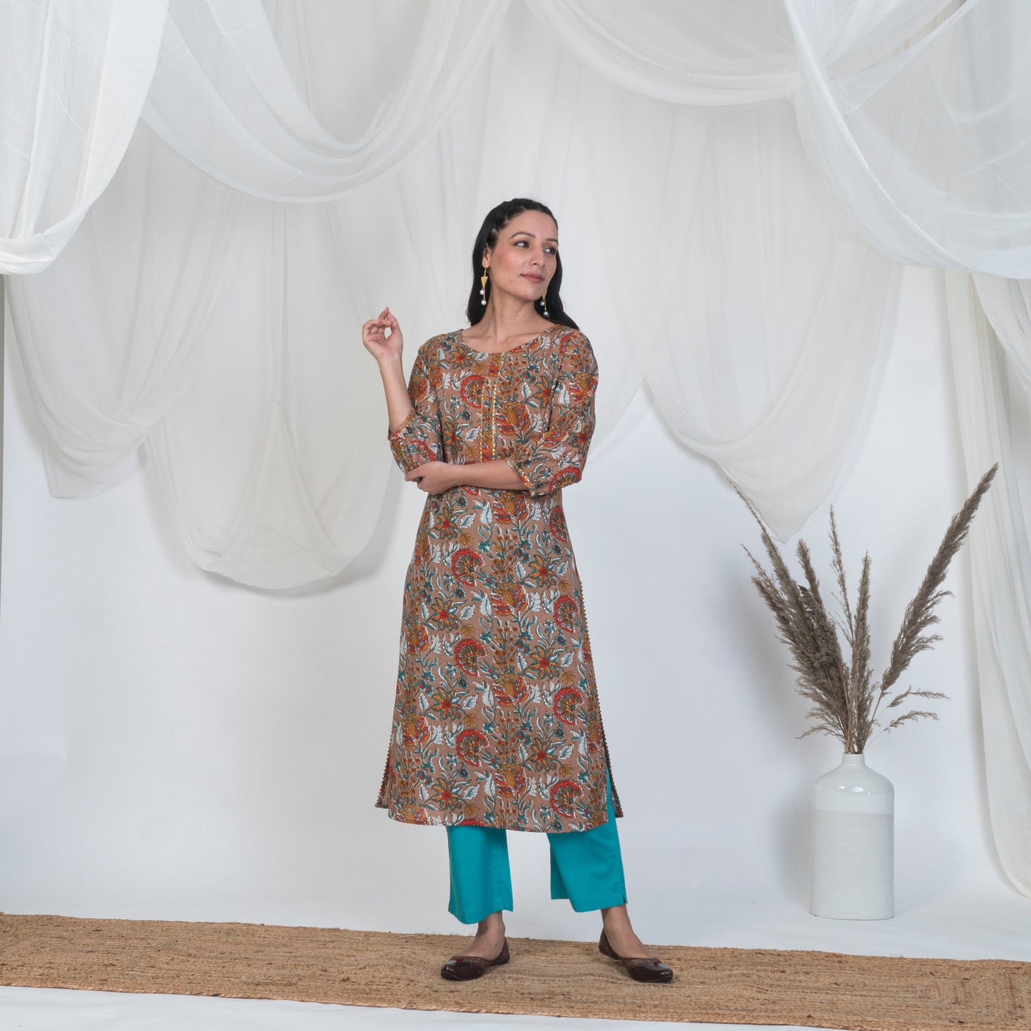 Hazel Brown Puff Sleeve Spring Kurta Set with Solid Pants and Emrboidered Dupatta