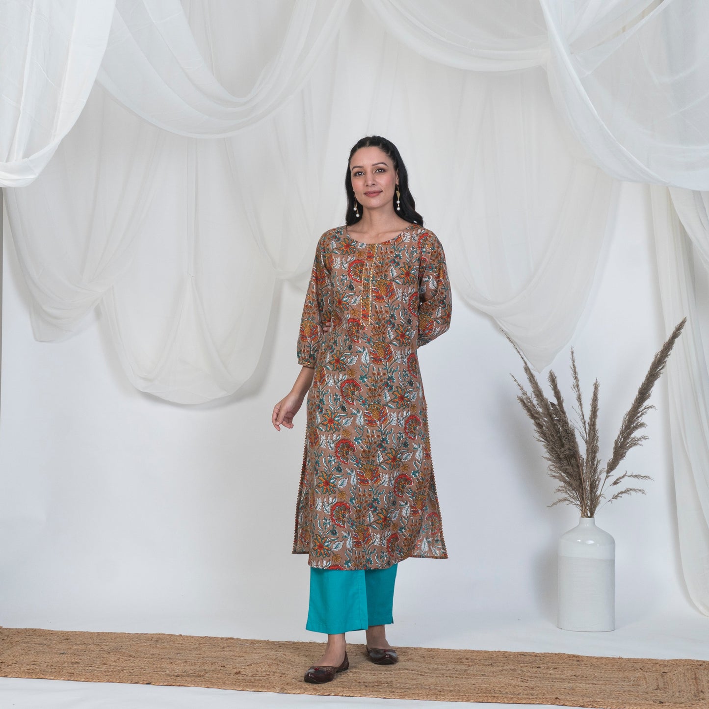 Hazel Brown Puff Sleeve Spring Kurta Set with Solid Pants