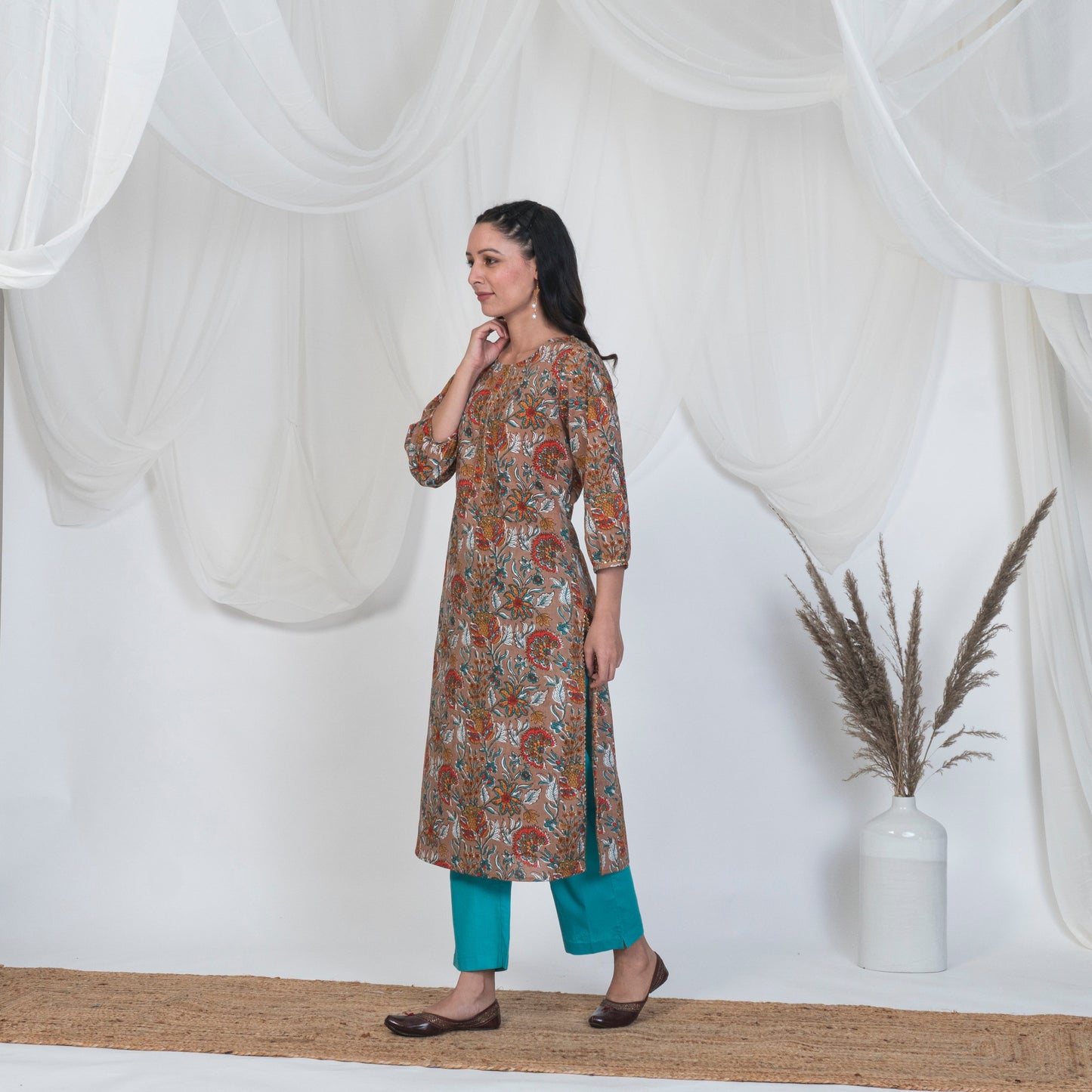 Hazel Brown Puff Sleeve Spring Kurta Set with Solid Pants