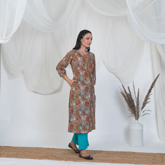 Hazel Brown Puff Sleeve Spring Kurta Set with Solid Pants