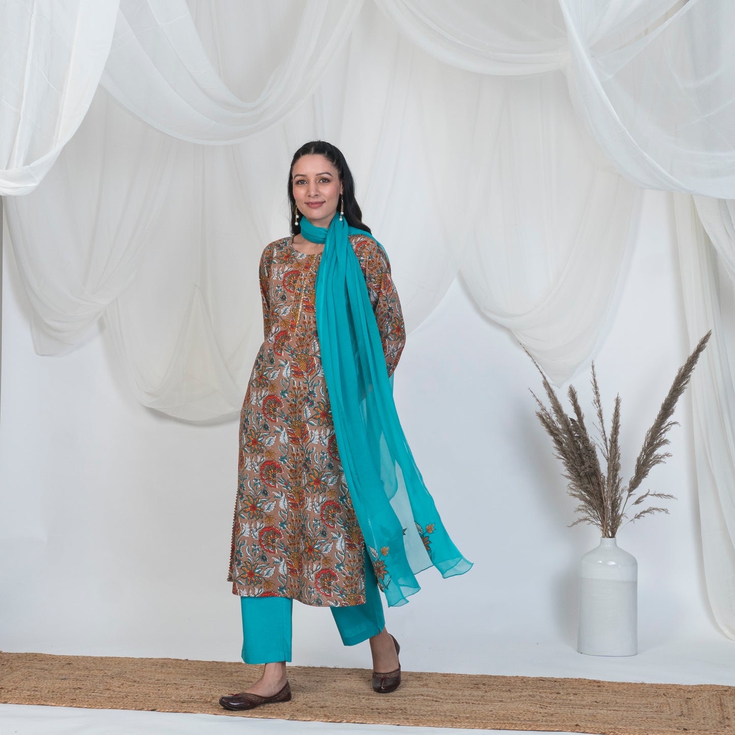 Blue Dupatta with Mughal Butta Embroidery