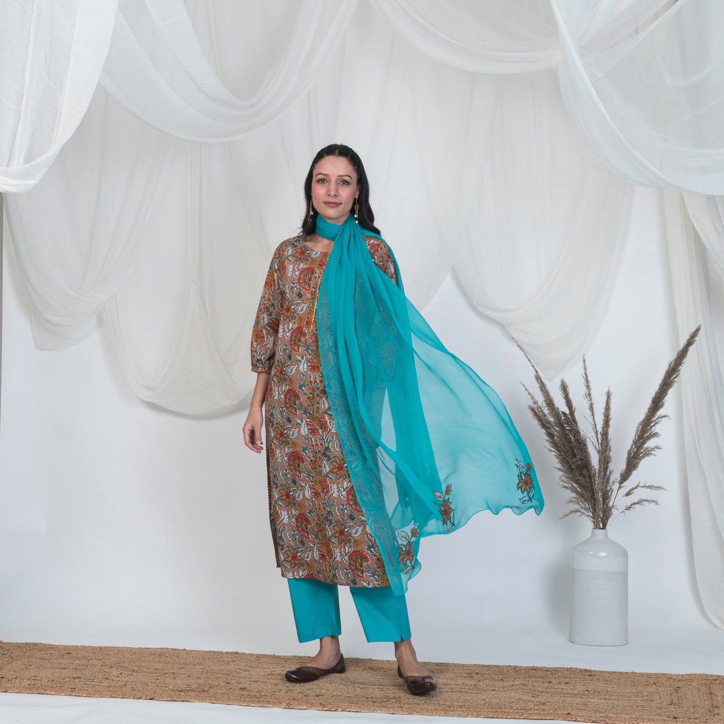 Hazel Brown Puff Sleeve Spring Kurta Set with Solid Pants and Emrboidered Dupatta
