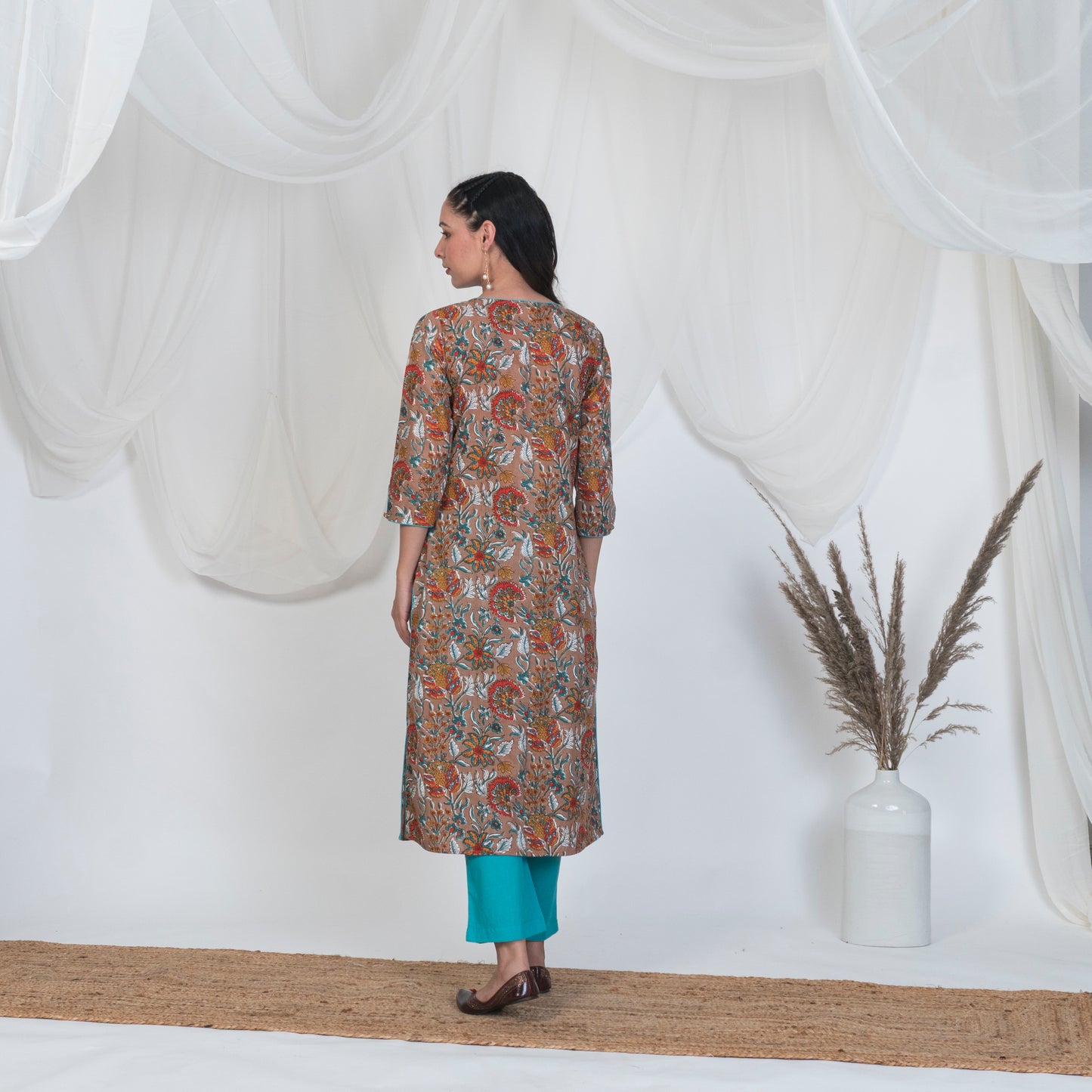 Hazel Brown Kurta with Embroidered Yoke