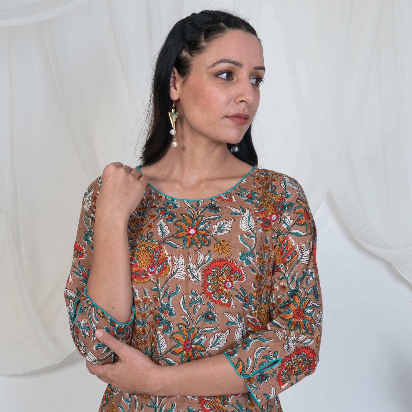 Hazel Brown Kurta with Embroidered Yoke