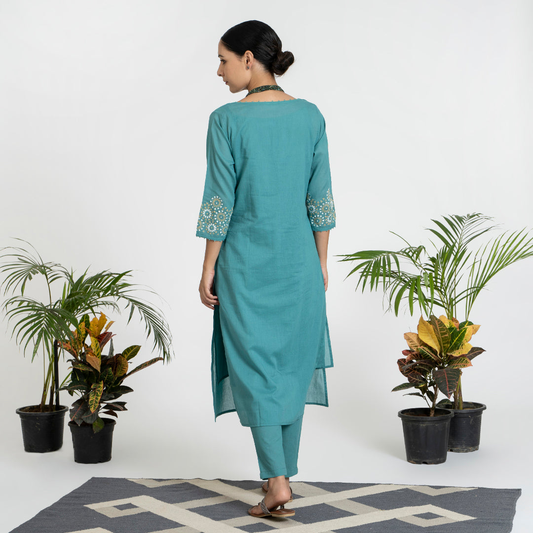 Geometric Work on Green Suit with Solid Dupatta