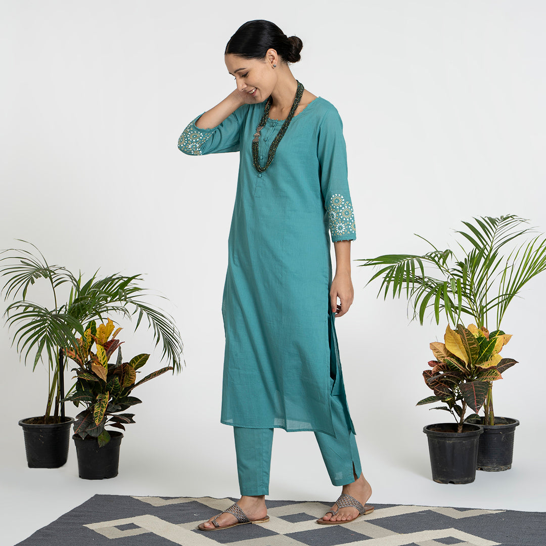 Geometric Work on Green Suit with Solid Dupatta