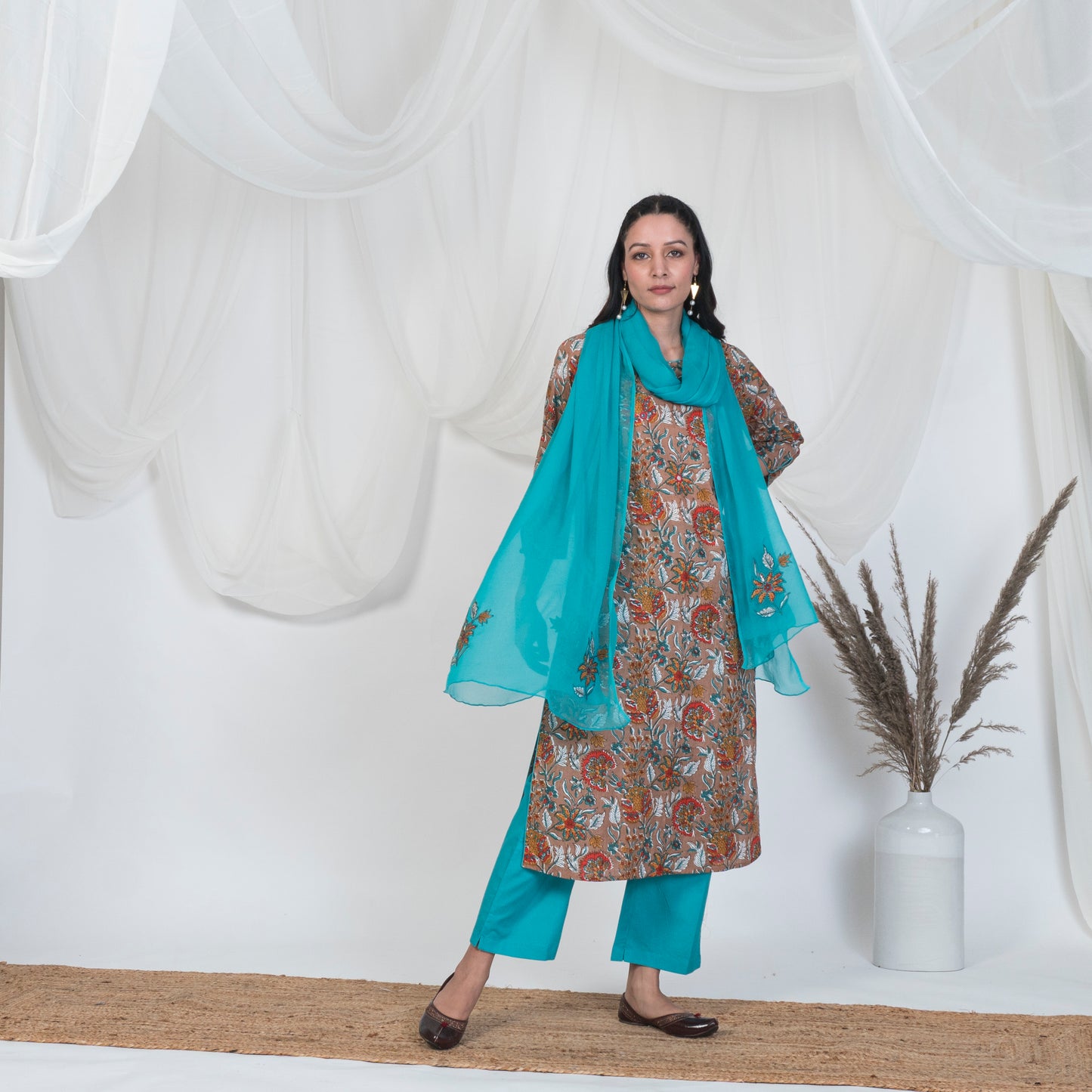 Hazel Brown Kurta Set with embroidered yoke, Solid Pants and Embroidered Dupatta