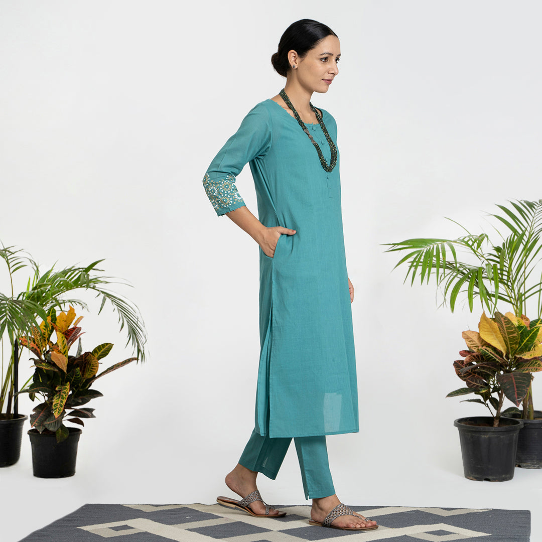 Geometric Work on Green Suit with Solid Dupatta