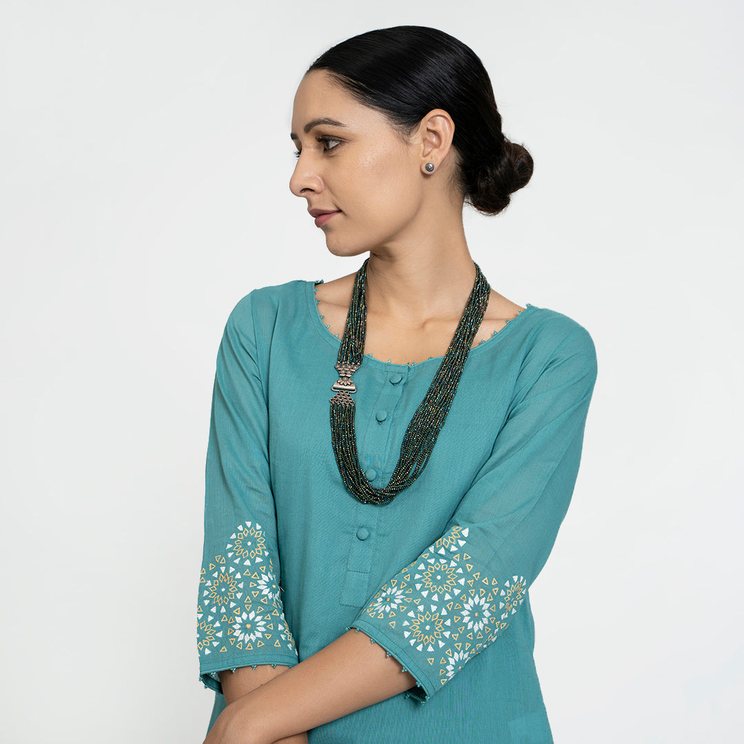 Geometric Work on Green Suit with Solid Dupatta