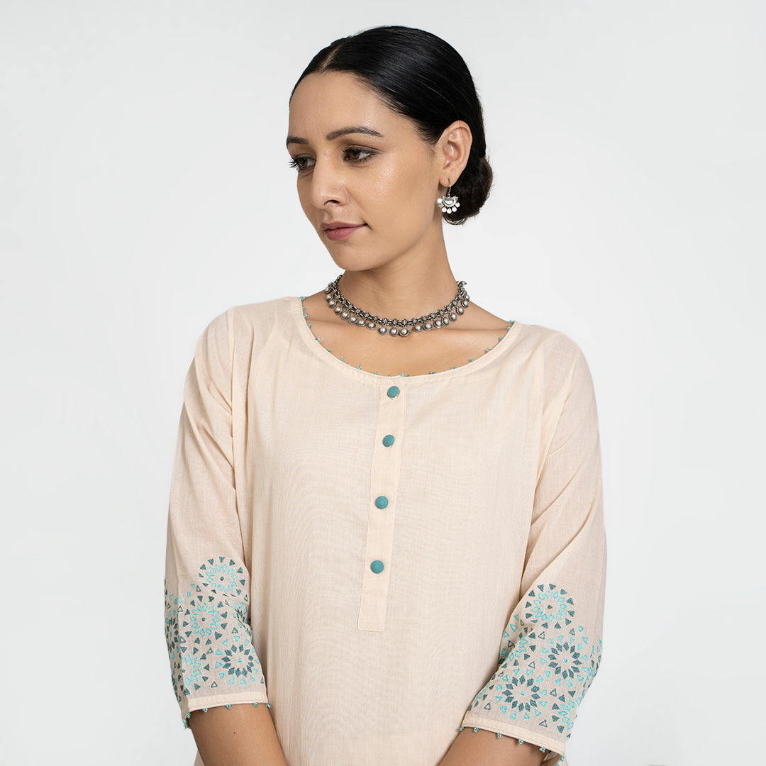 Geometric Work on Light Beige Suit with Solid Dupatta
