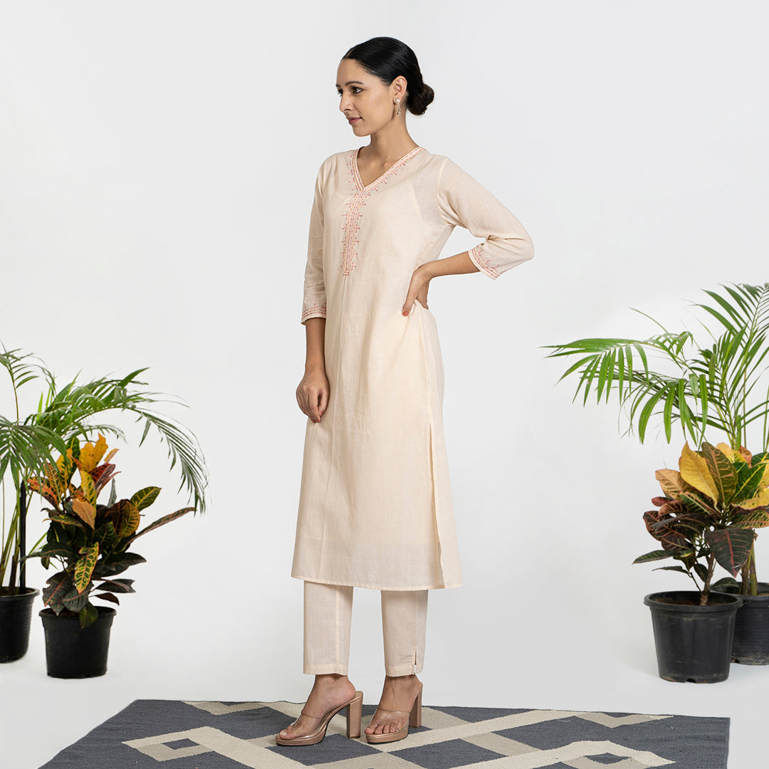 Contrast Embroidery on Beige Suit