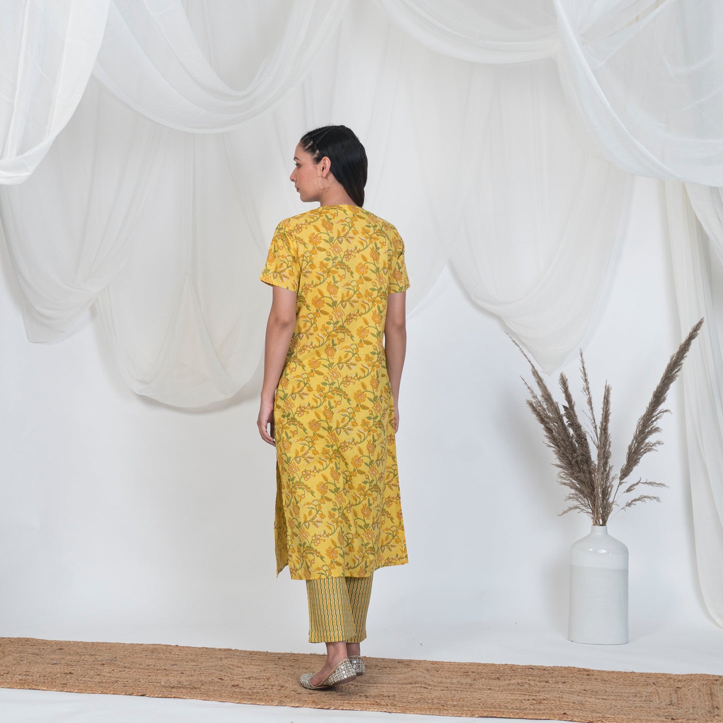 Yellow Print Kurta with Pearl Buttons
