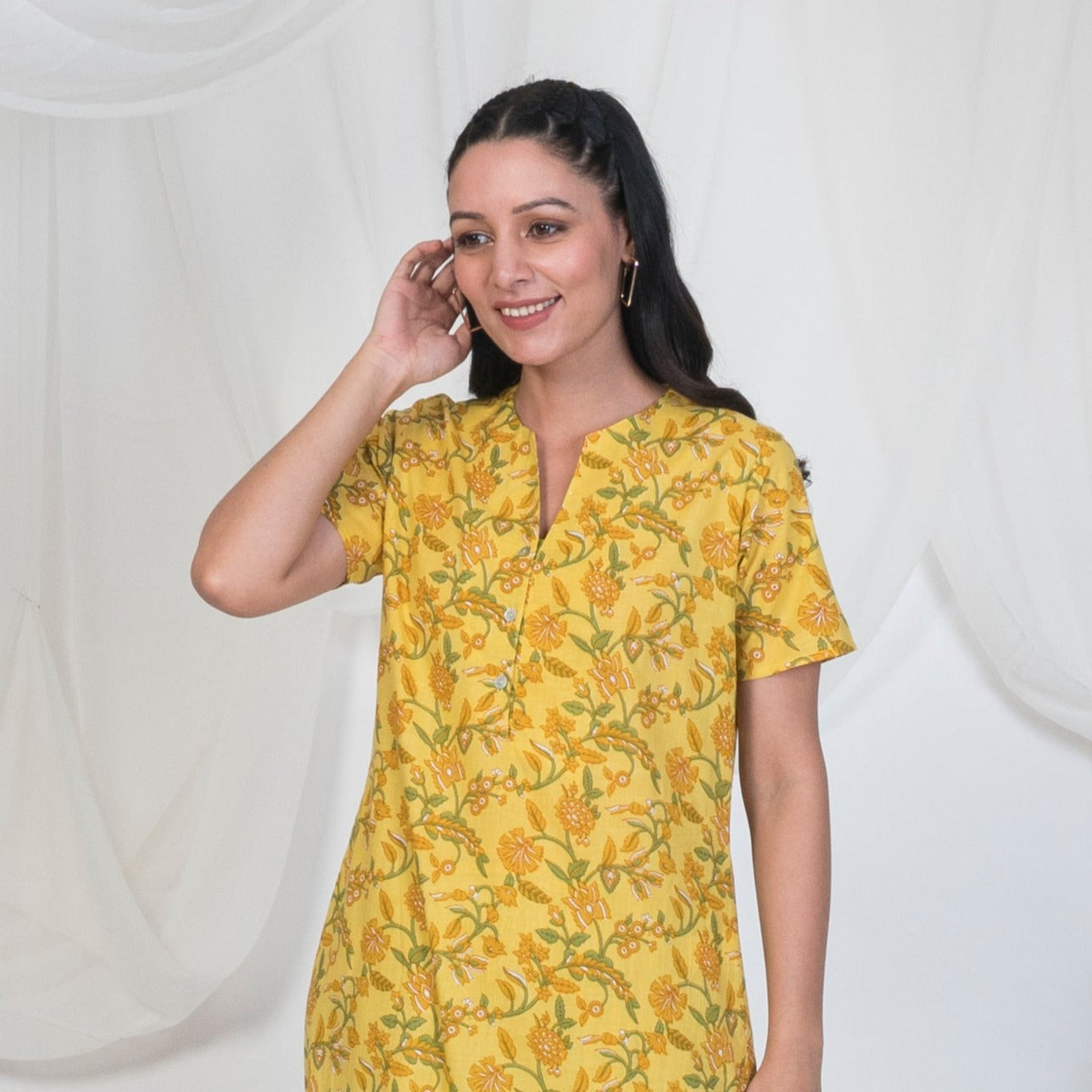 Yellow Print Kurta with Pearl Buttons
