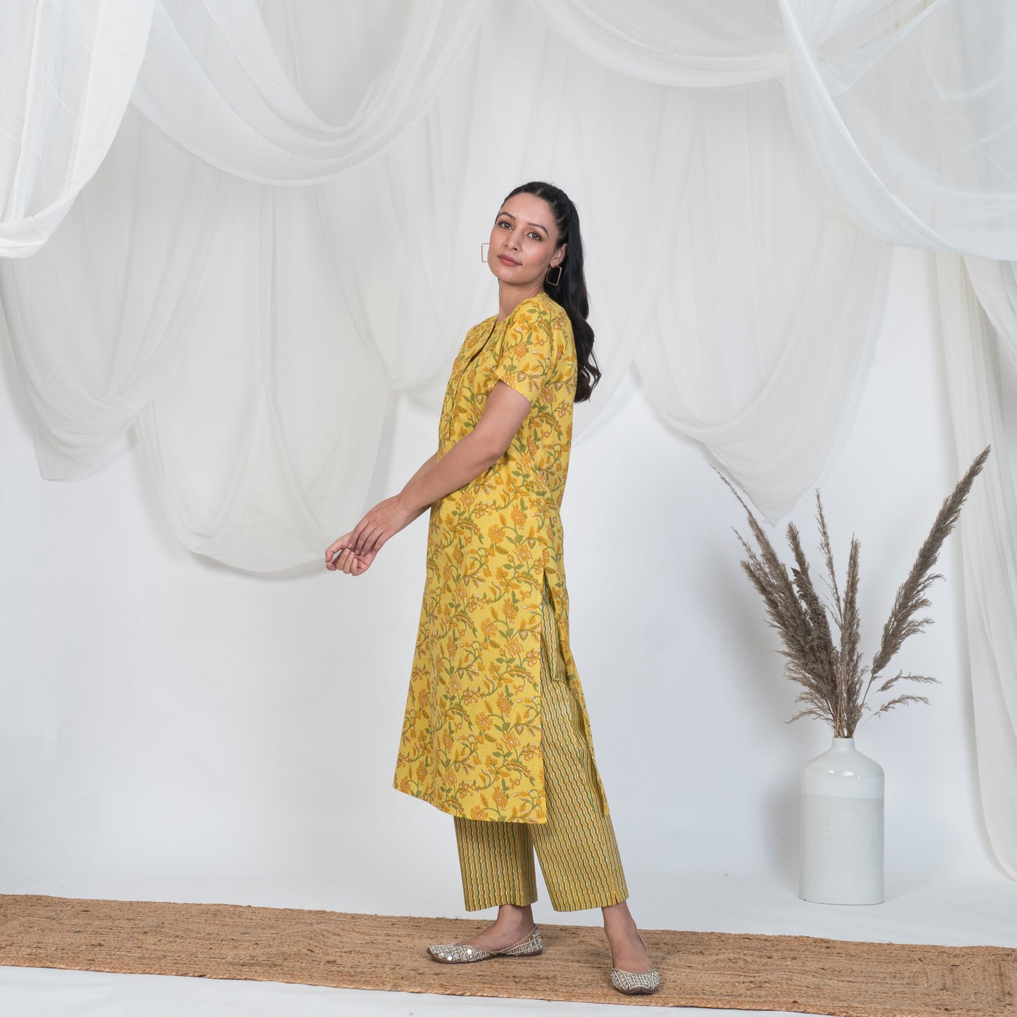 Yellow Print Kurta with Pearl Buttons