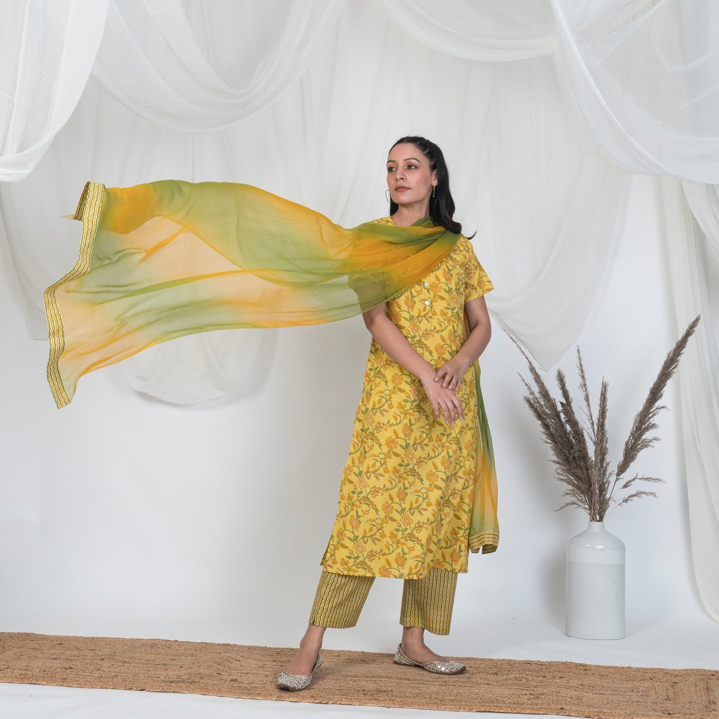 Yellow Print Kurta Set with Pearl Buttons, Stripped Pants and Tye & Dye Dupatta