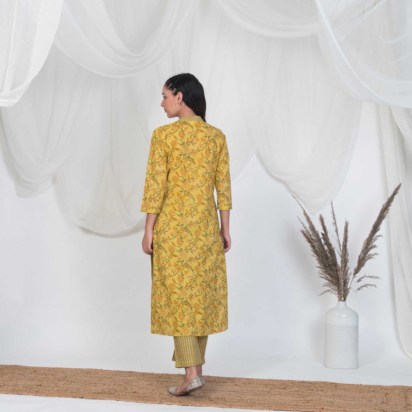 V Neck Kurta in Yellow Print