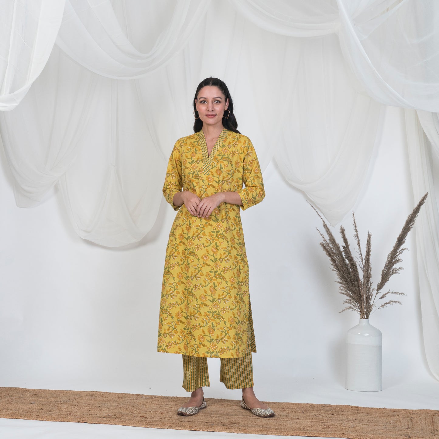 V Neck Kurta in Yellow Print