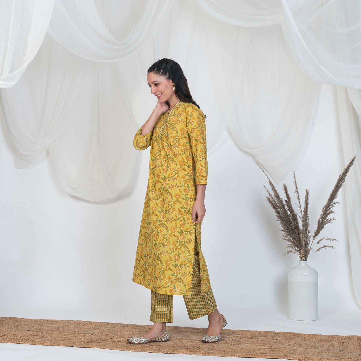 V Neck Kurta in Yellow Print