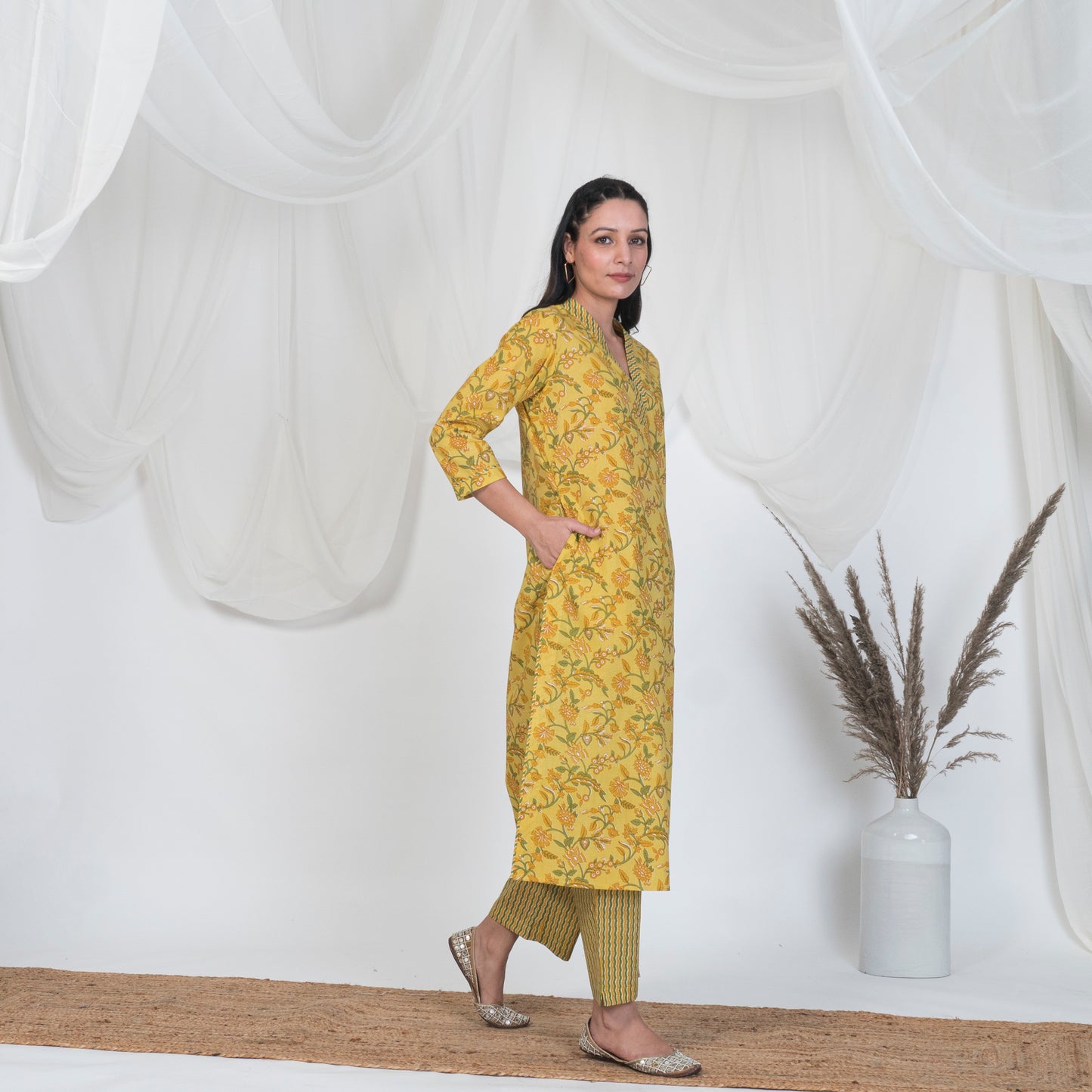 V Neck Kurta in Yellow Print