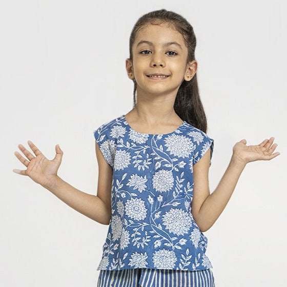 Back Openable Top - Handblock Print - Blue