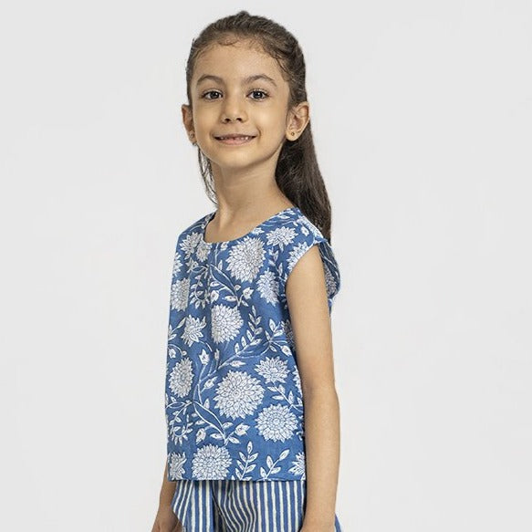 Back Openable Top - Handblock Print - Blue