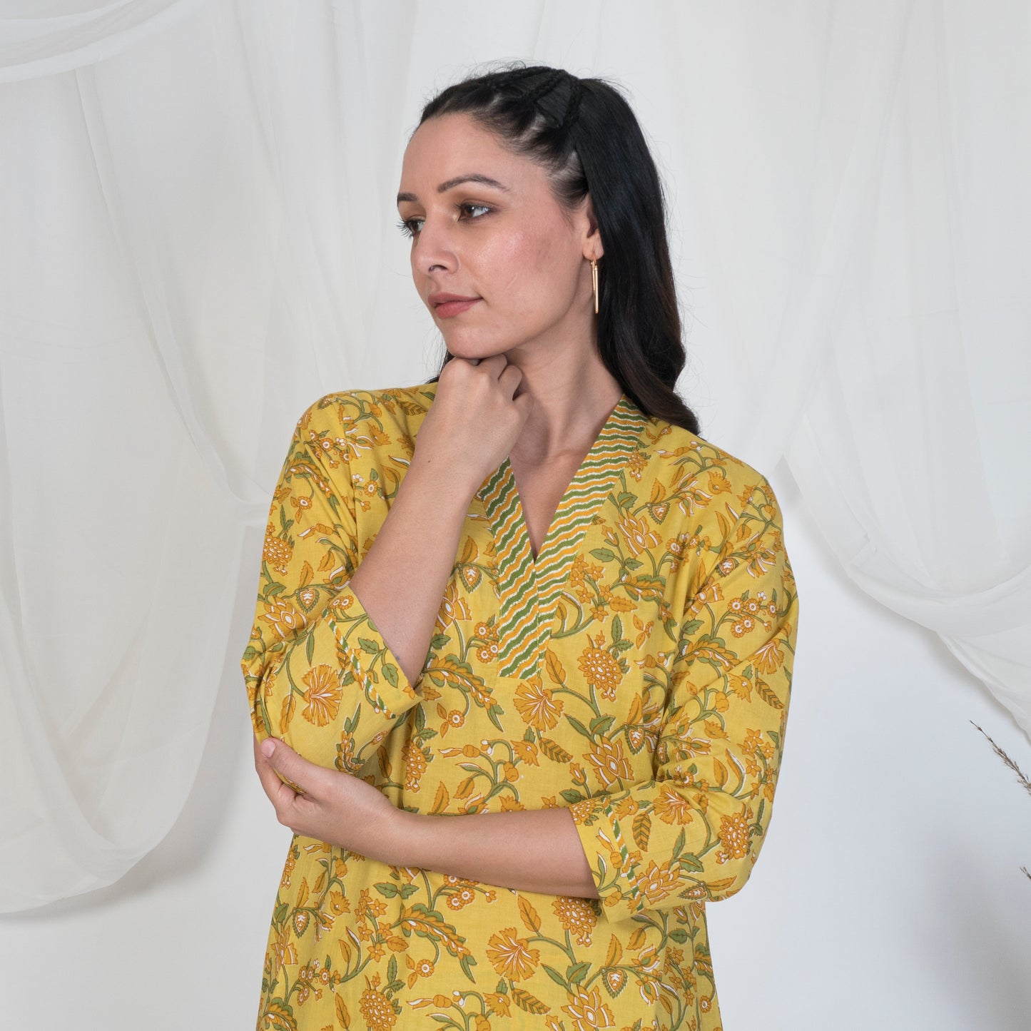 V Neck Kurta in Yellow Print