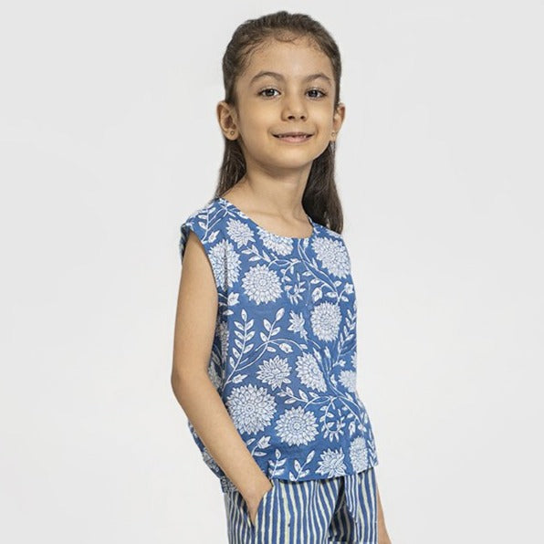Back Openable Top - Handblock Print - Blue