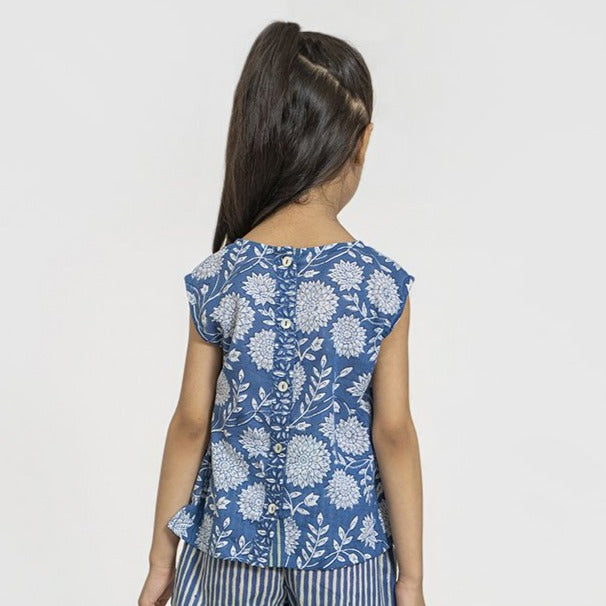 Back Openable Top - Handblock Print - Blue