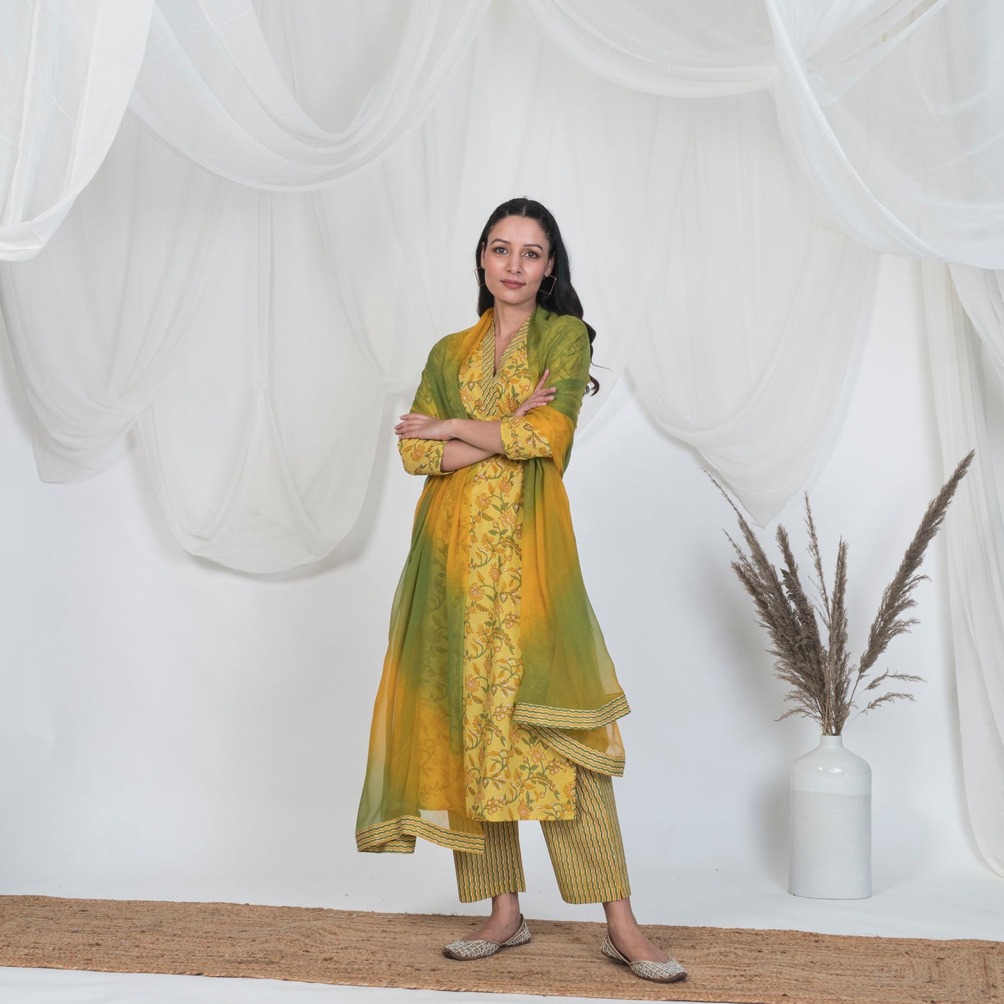 Yellow and Green Tye & Dye Lehariya Dupatta