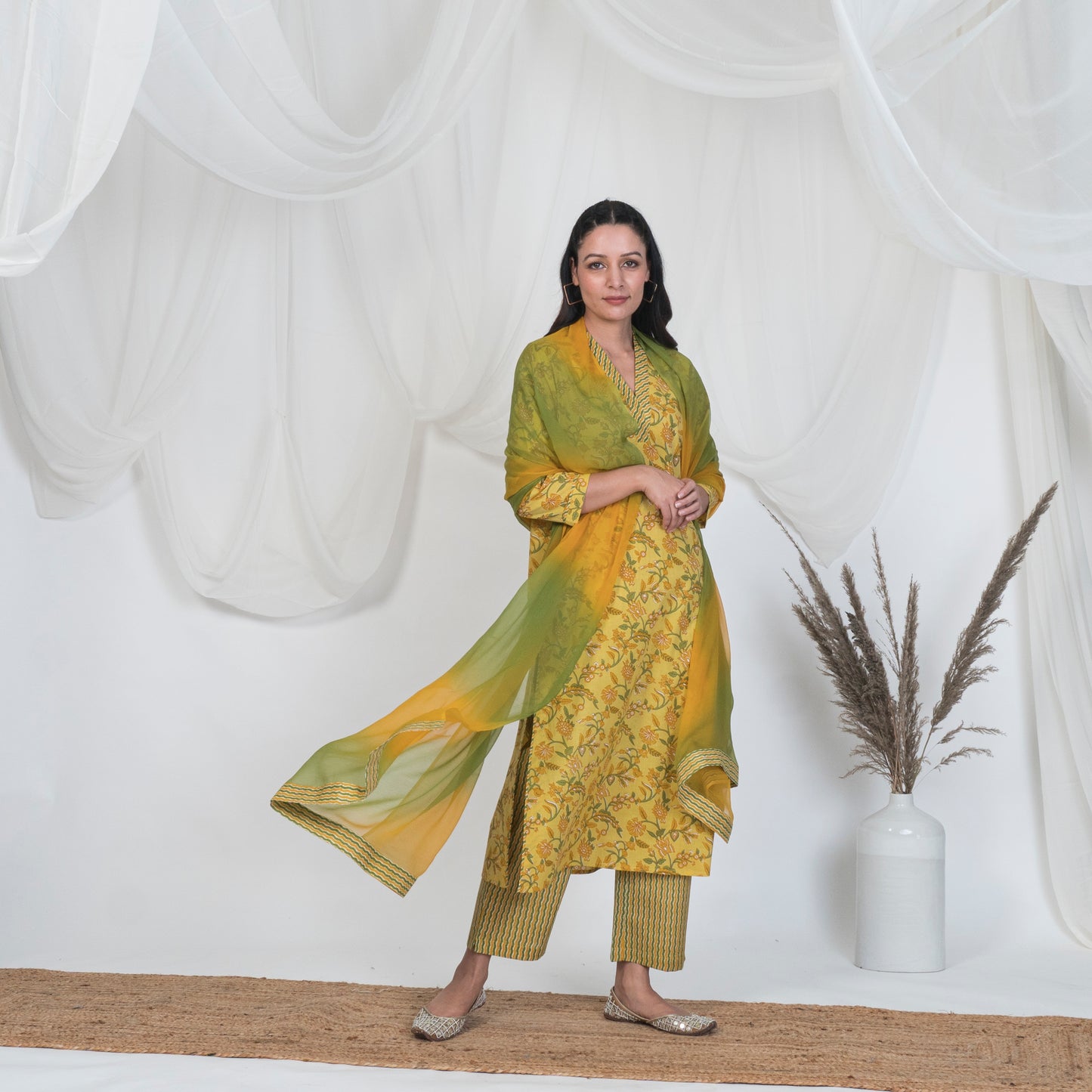 Yellow and Green Tye & Dye Lehariya Dupatta