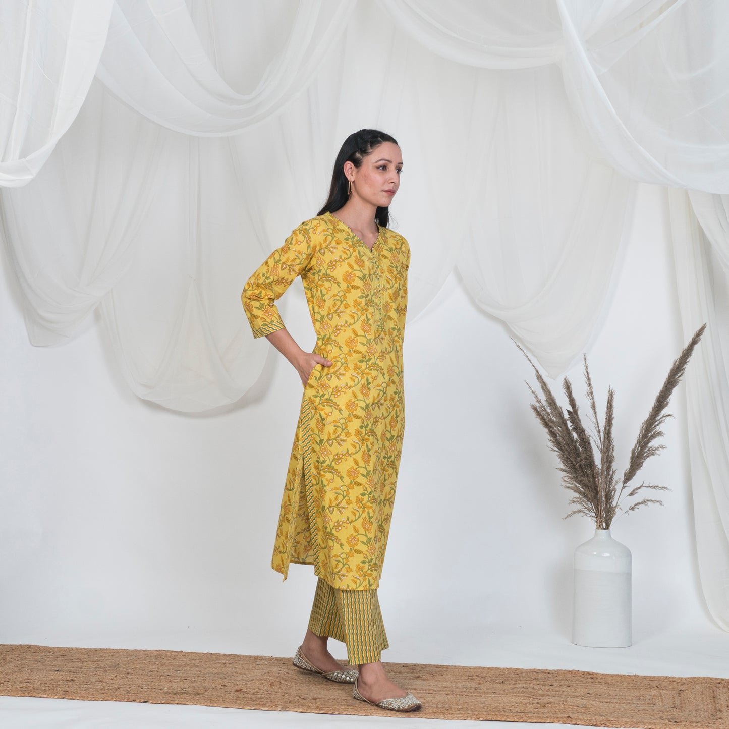 V Nech Kurta with Embroidery and Lace Detail in Yellow Print