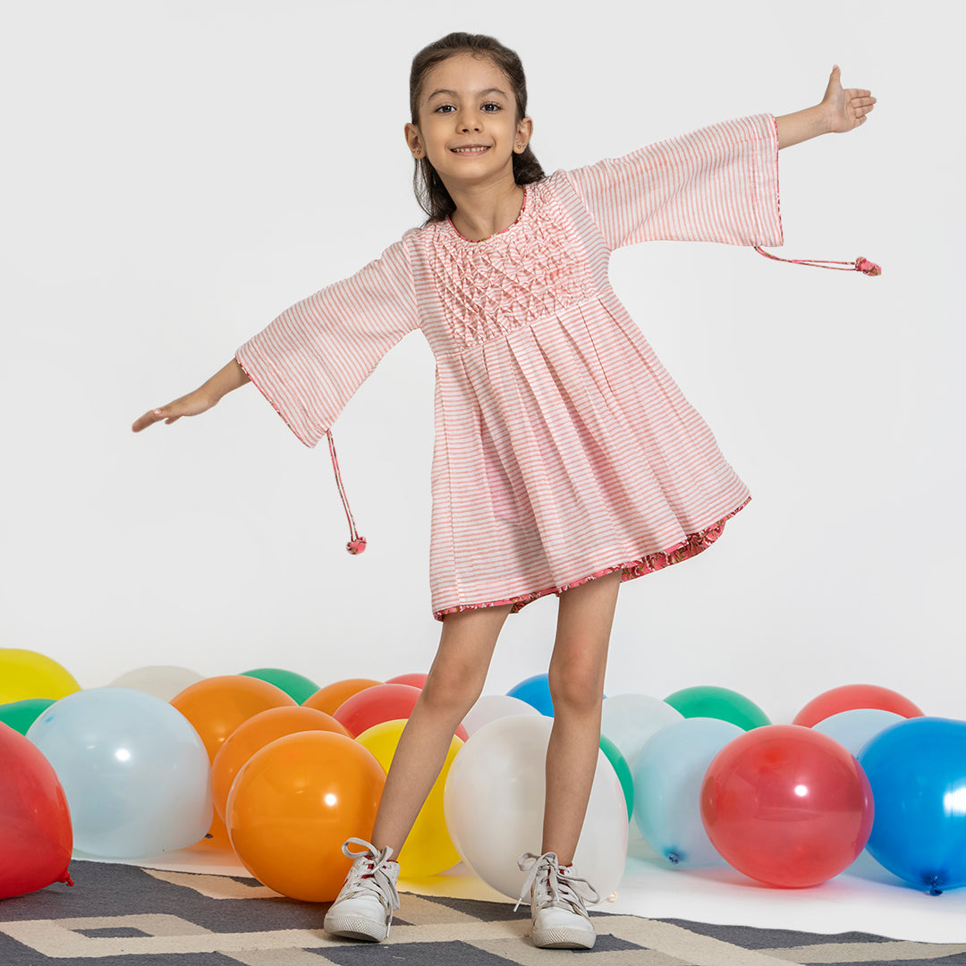Smocking Embroidery Frock - Pink