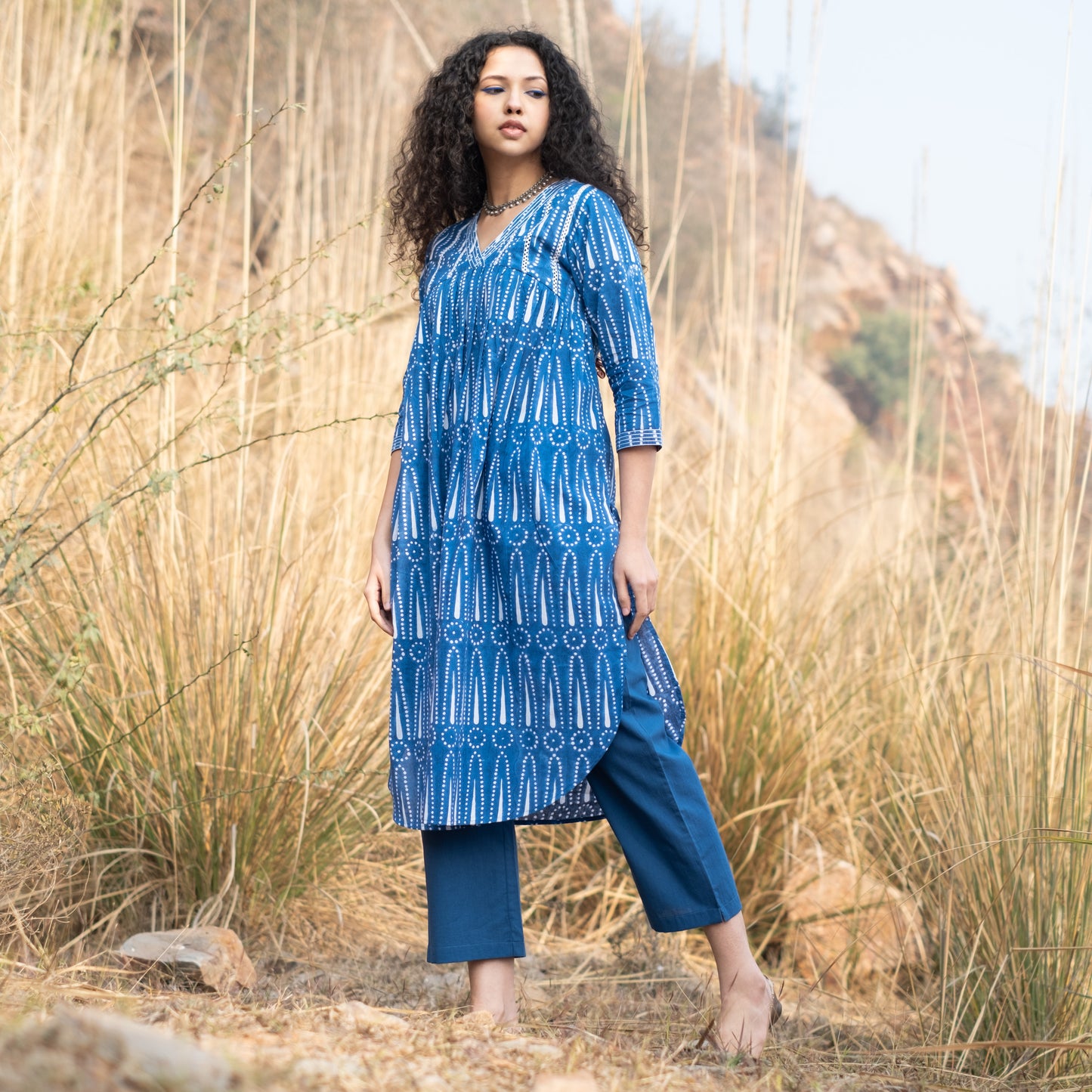 Indigo block printed gathered kurta with V Neck lace detail