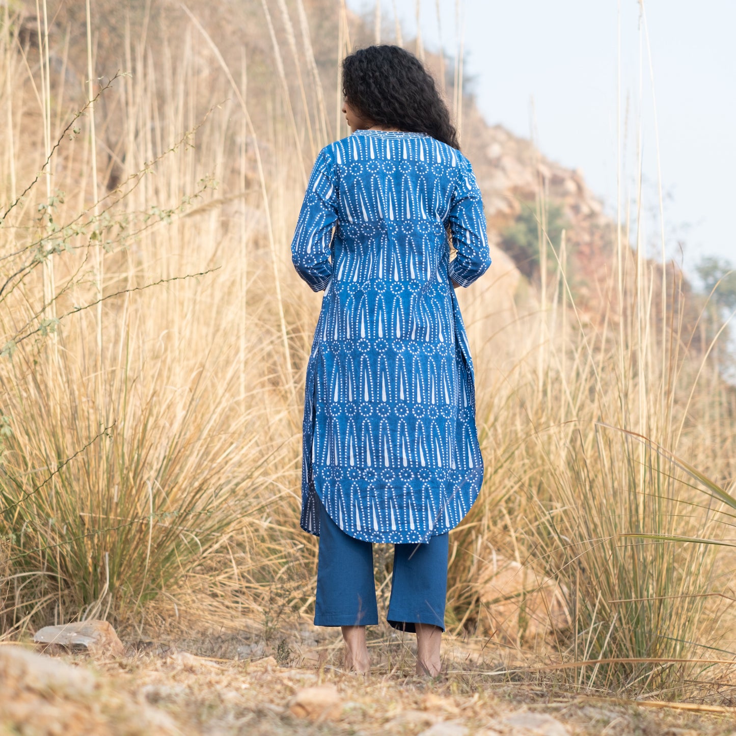 Indigo block printed gathered kurta with V Neck lace detail and solid Indigo pant (Set of 2)