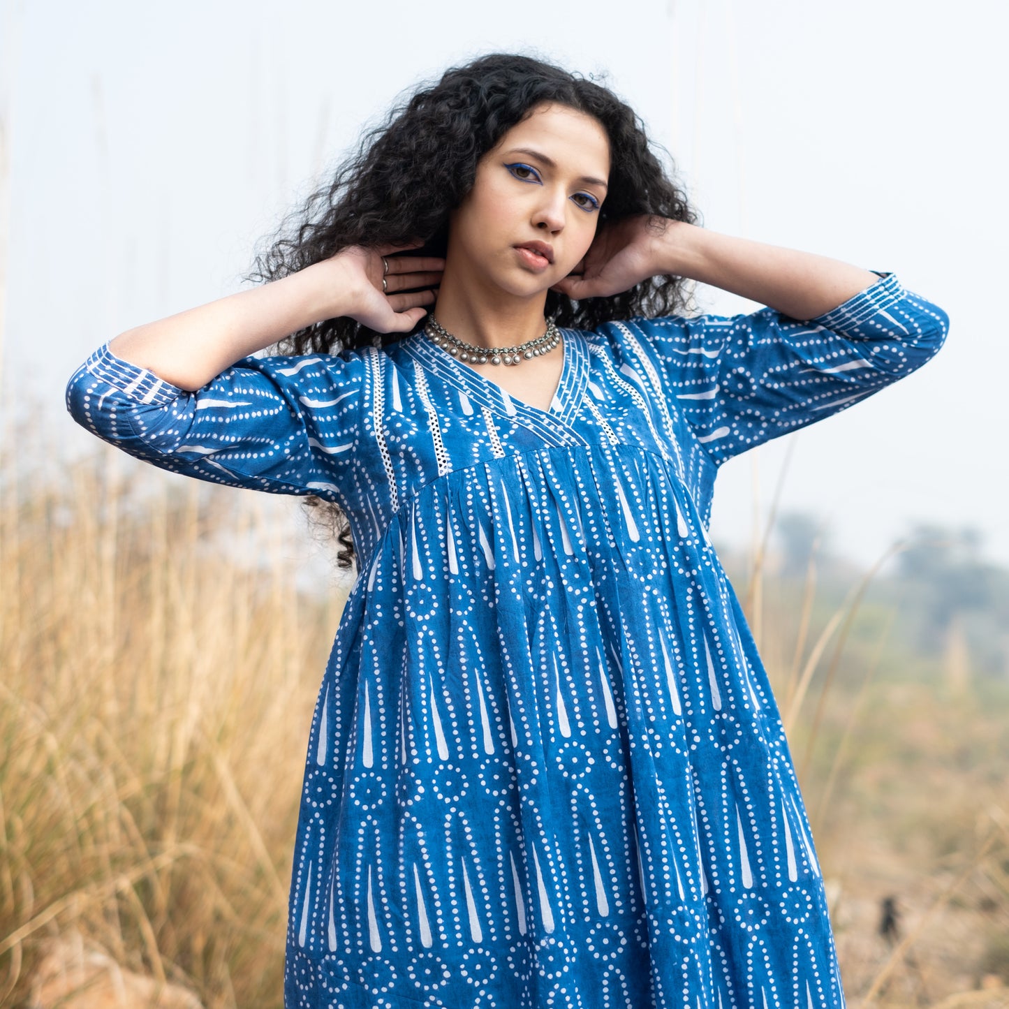 Indigo block printed gathered kurta with V Neck lace detail and solid Indigo pant (Set of 2)
