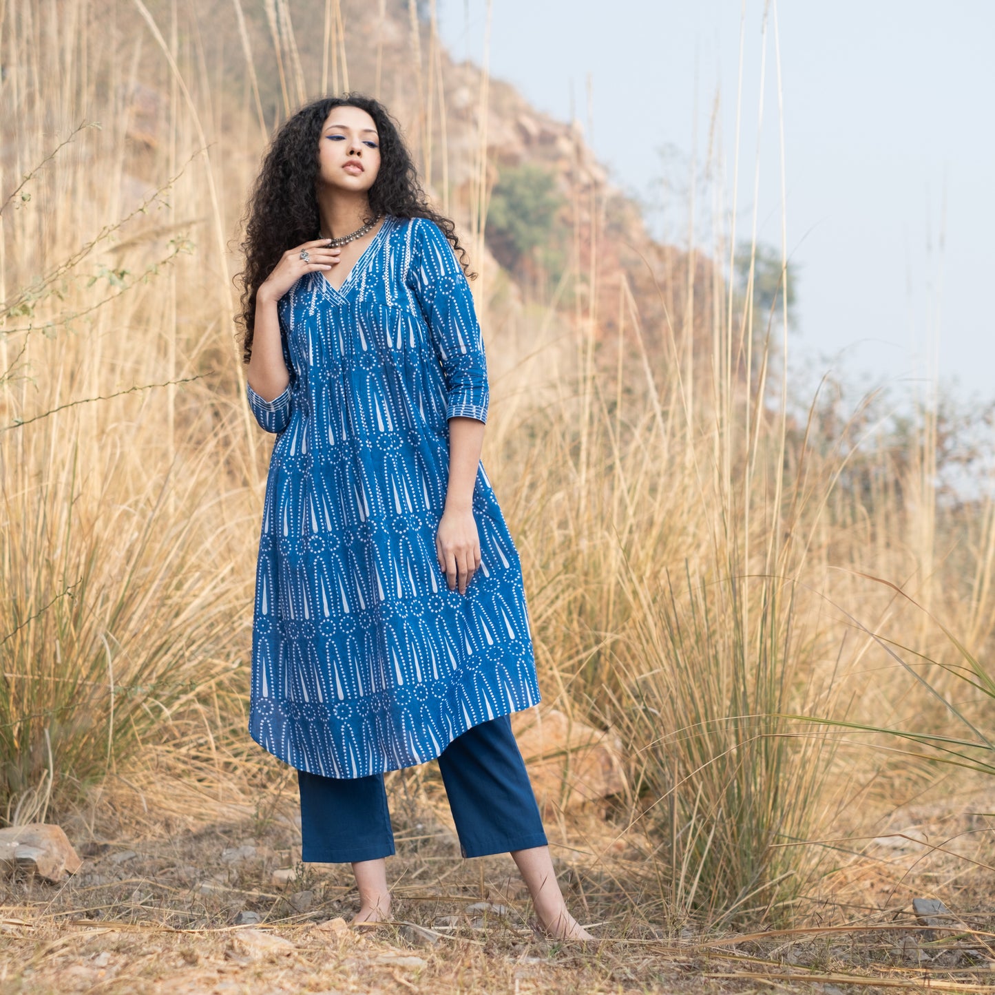 Indigo block printed gathered kurta with V Neck lace detail and solid Indigo pant (Set of 2)