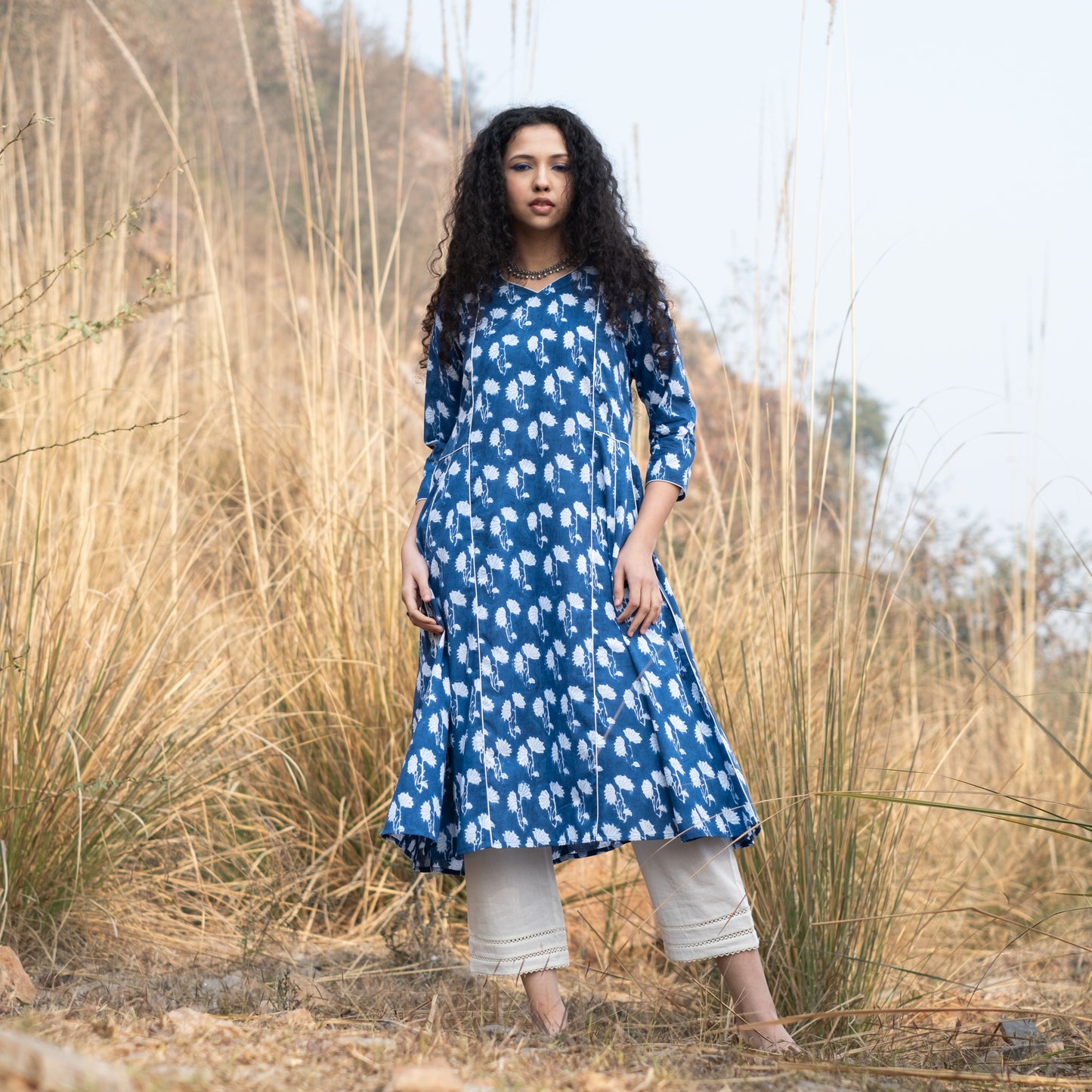 Indigo block printed panelled anarkali kurta with white piping detail