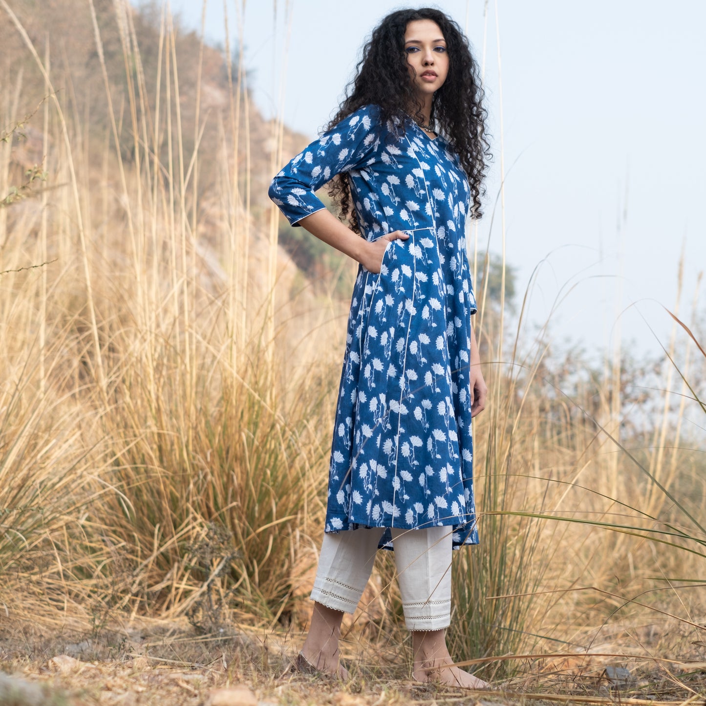Indigo block printed panelled anarkali kurta with white piping detail