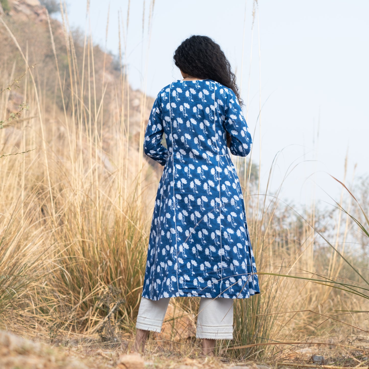 Indigo block printed panelled Anarkali Kurta with white piping detail and white pant (Set of 2)