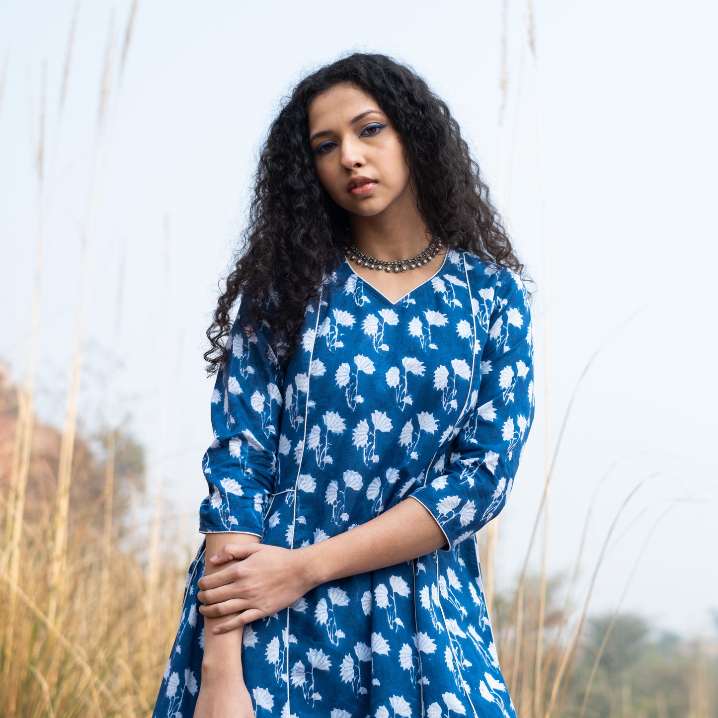 Indigo block printed panelled anarkali kurta with white piping detail