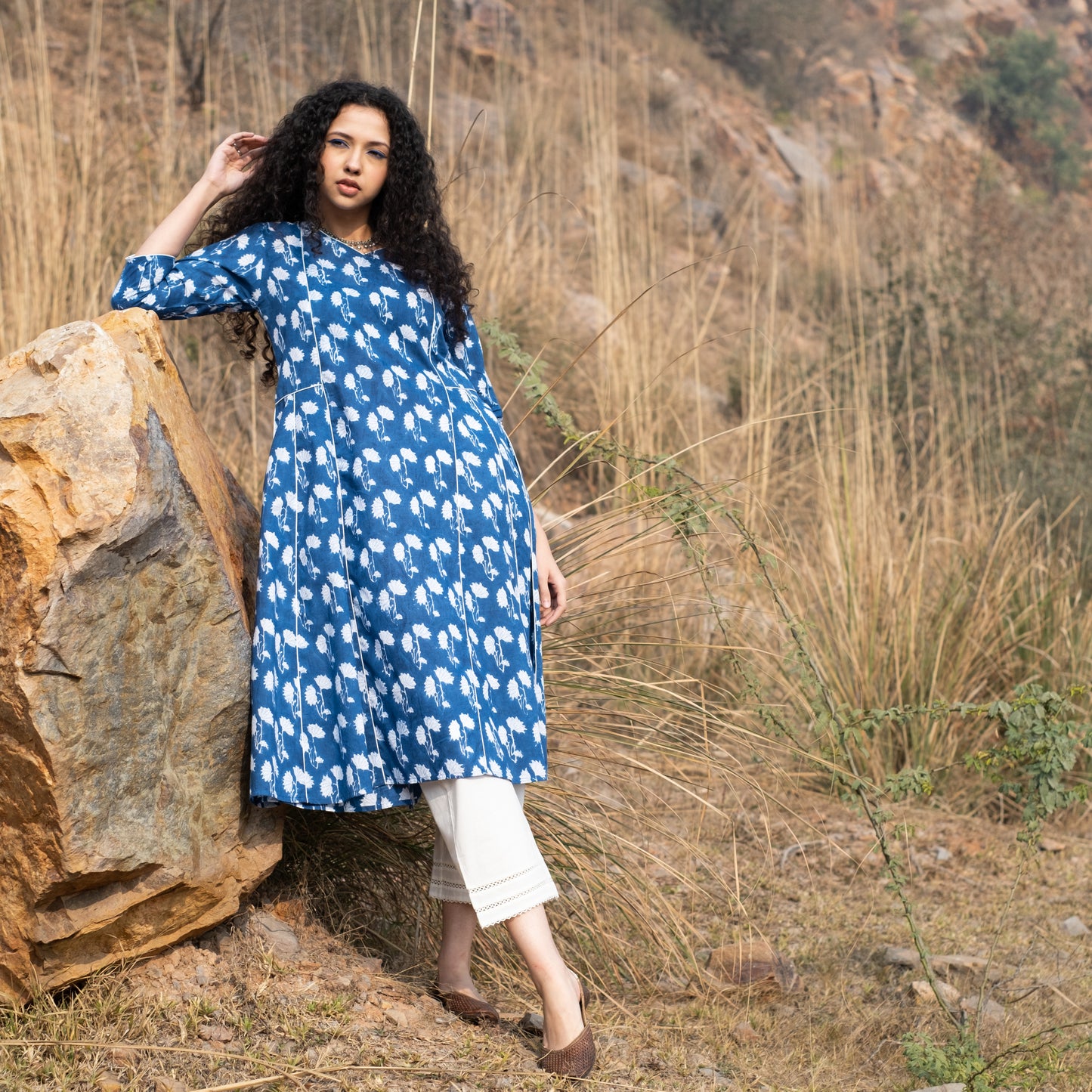 Indigo block printed panelled anarkali kurta with white piping detail