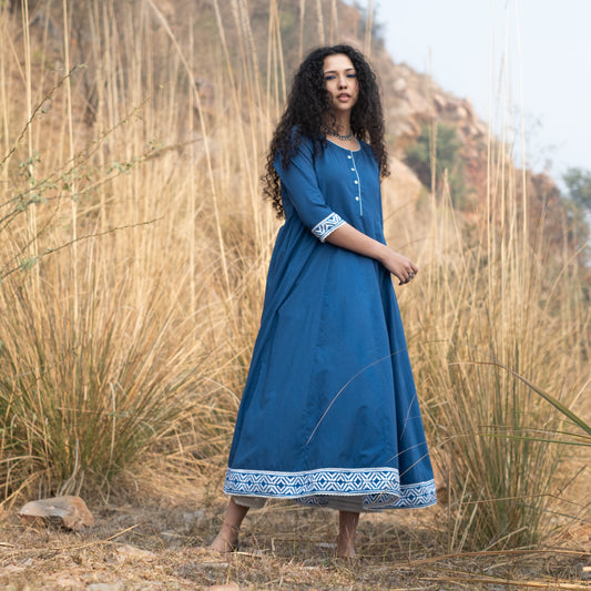 Solid indigo Anarkali kurta with block print border and lace details