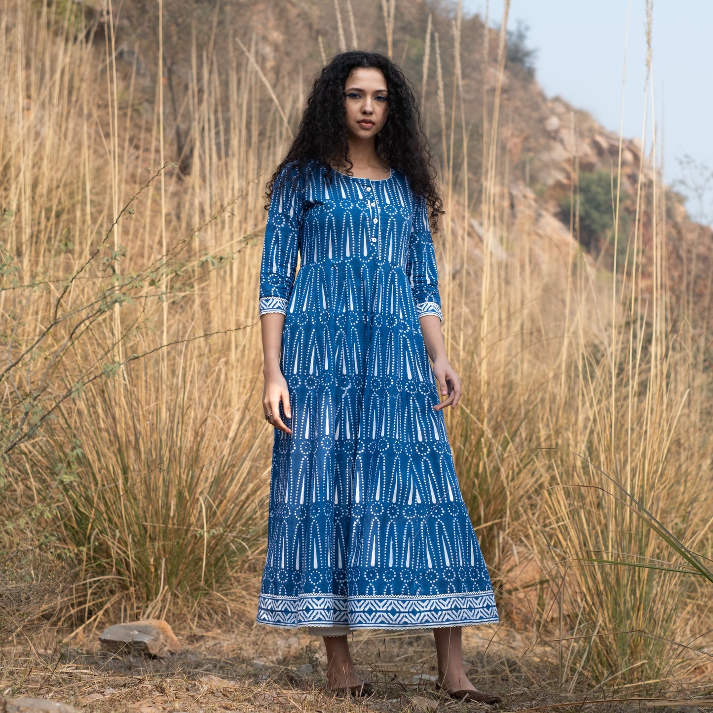 Indigo block printed Anarkali kurta with border and lace details and white pant (set of 2)