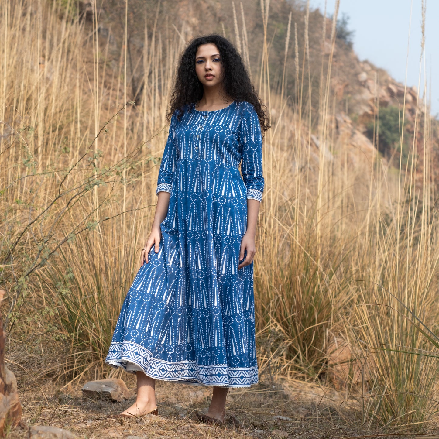 Indigo block printed Anarkali kurta with border and lace details and white pant (set of 2)