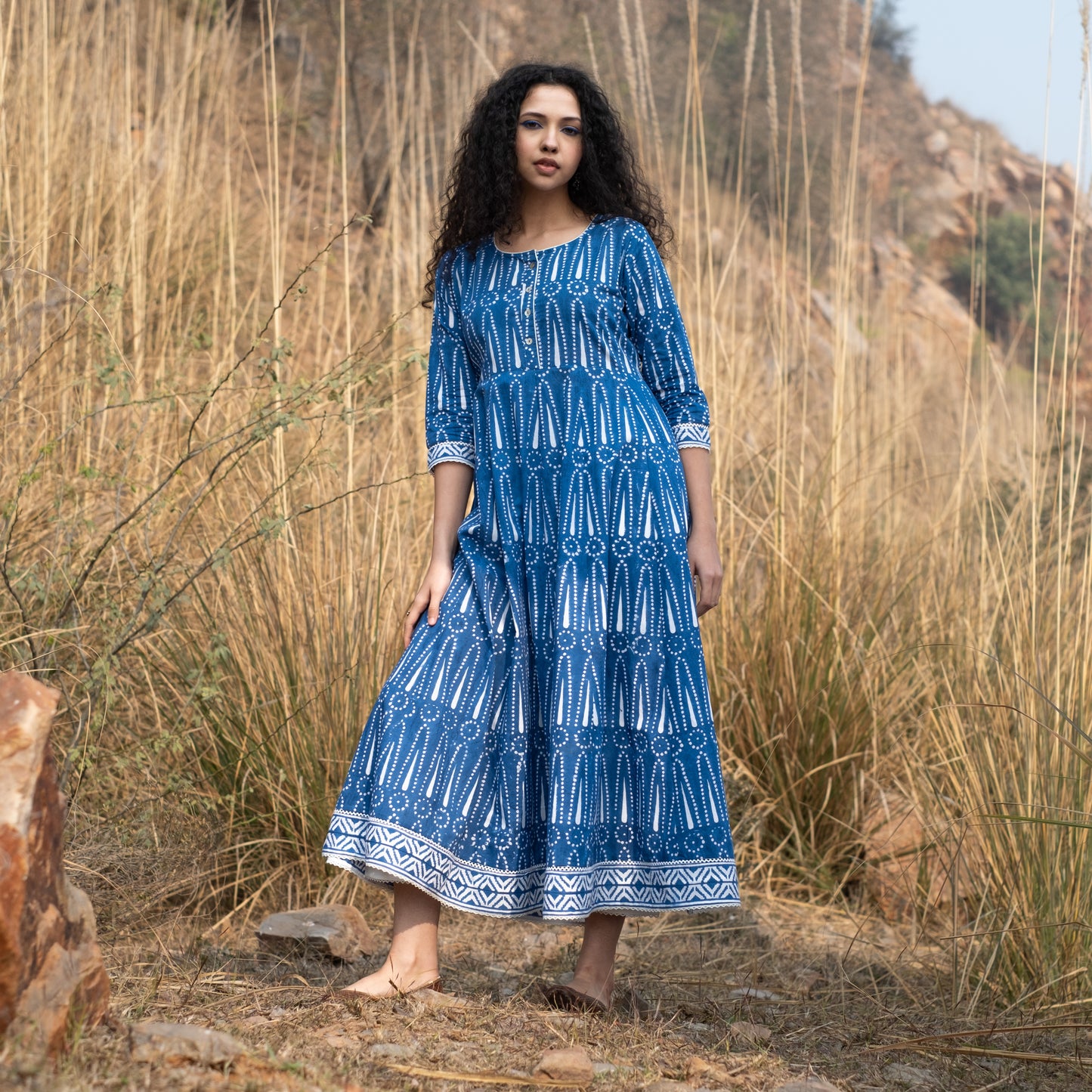 Indigo block printed Anarkali kurta with border and lace details and white pant (set of 2)