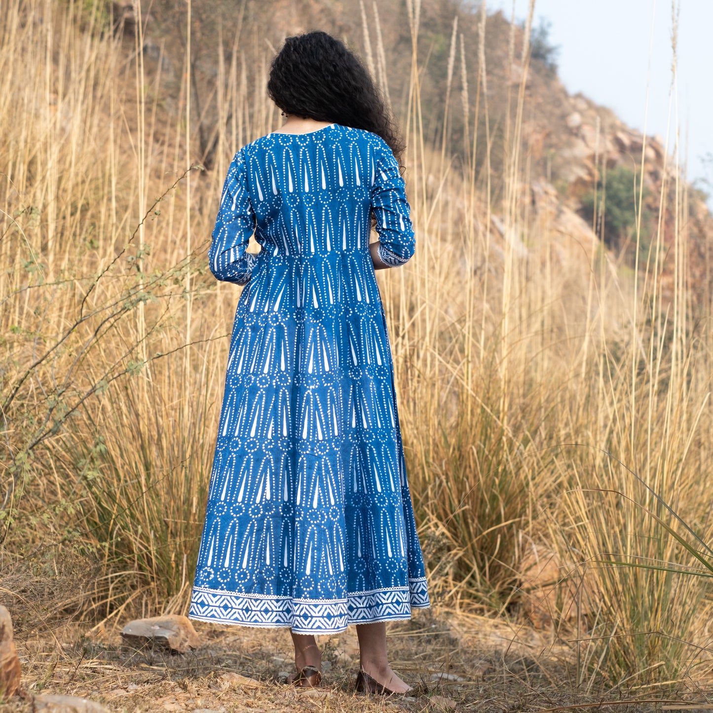Indigo block printed Anarkali kurta with border and lace details and white pant (set of 2)