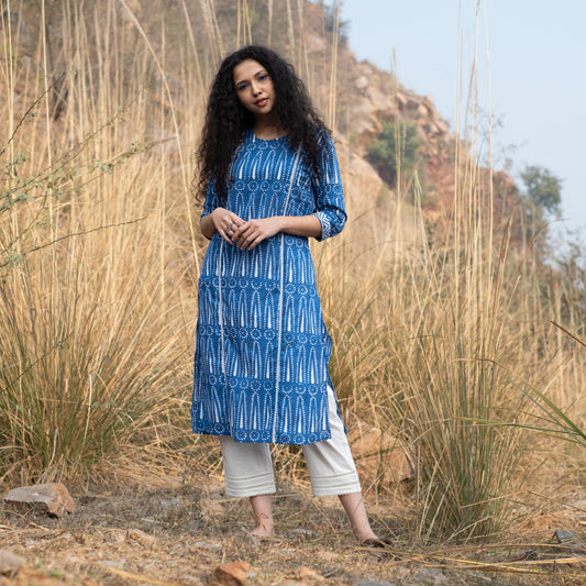 Indigo block printed summer kurta with lace detail